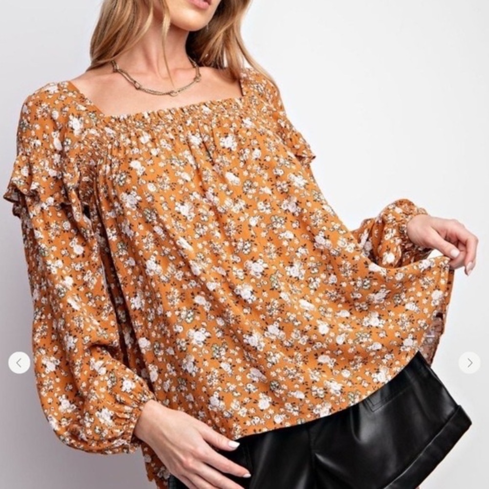 Floral Square Neck Blouse - Orange